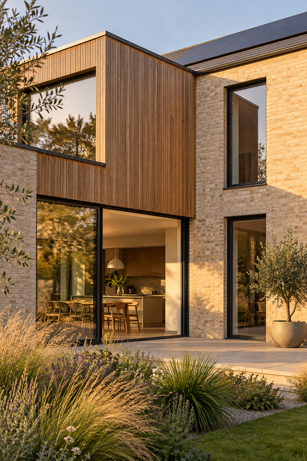 Concept photograph of a contemporary brick and timber home with large garden-facing windows